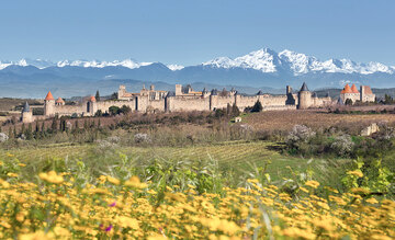 Carcassonne - das Symbol der Region. Im Hintergrund die Pyrenäen