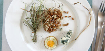 Südtiroler Risotto, gekocht im Sud aus Bergweiesenheu mit einem Wachtelei und Gorgonzola