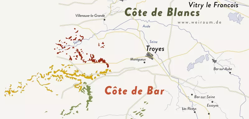 Die südlichen Regionen der Champagne grenzen an der [[reg || Burgund]], was die [[typ || Crémant]] Winzer des Burgund gerne betonen. Die der Champagne: nicht.