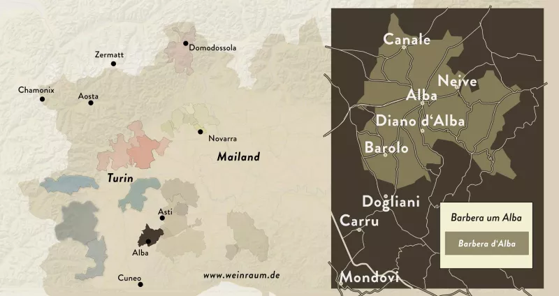 Im Piemont ist das Zentrum des Barbara. Hier werden die schönsten Weine der Sorte gewonnen
