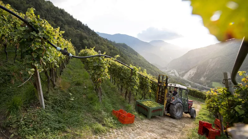 Steiler Weinberg in Südtirol, der Sonne zugewandt